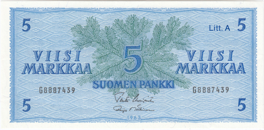 5 Markkaa 1963 Litt.A G8887439 kl.8-9